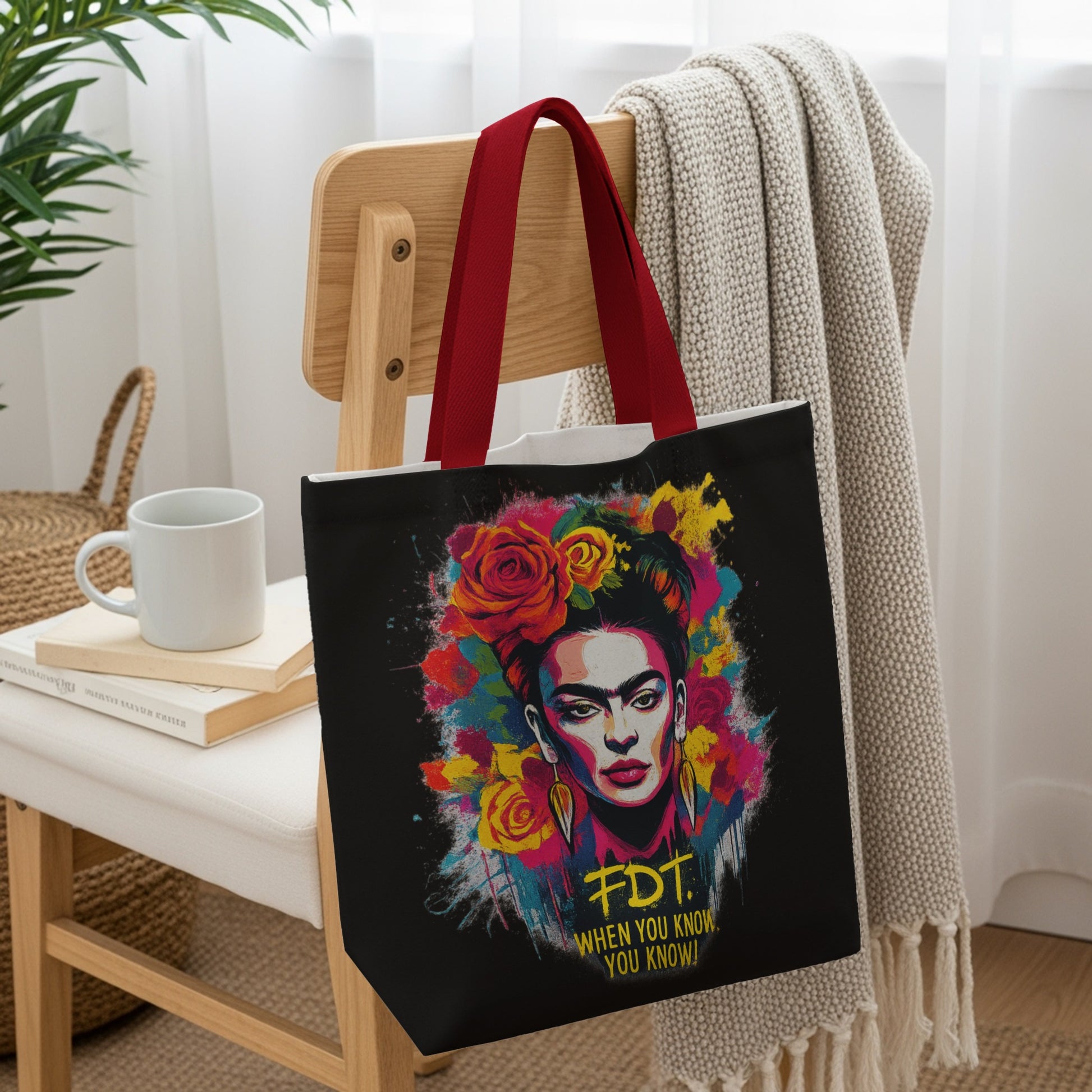 Tote bag with Frida Kahlo portrait and "F.D.T. WHEN YOU KNOW YOU KNOW!" text.