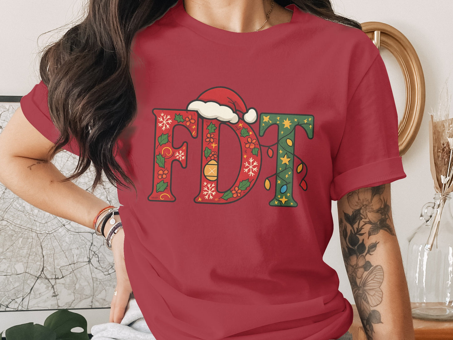 Festive FDT Santa Hat Holiday Letters Graphic Shirt