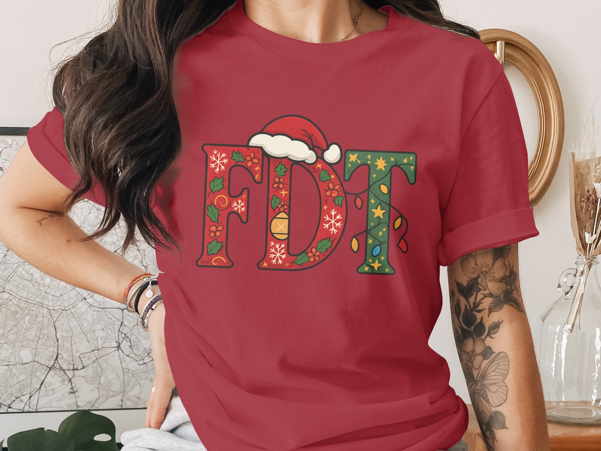 Festive FDT Santa Hat Holiday Letters Graphic Shirt