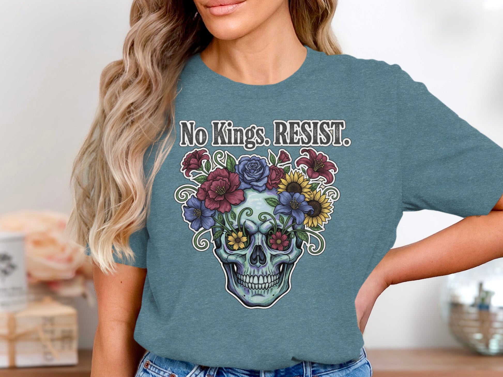 No Kings RESIST Skull With Flowers Graphic Shirt product