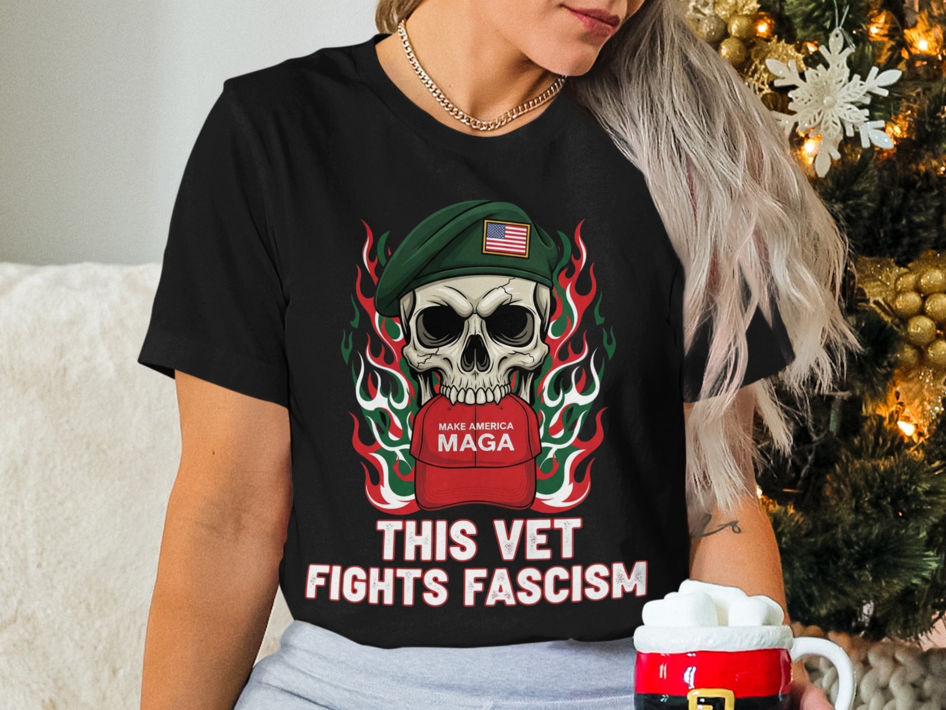 This Vet Fights Fascism Skull Graphic T-Shirt