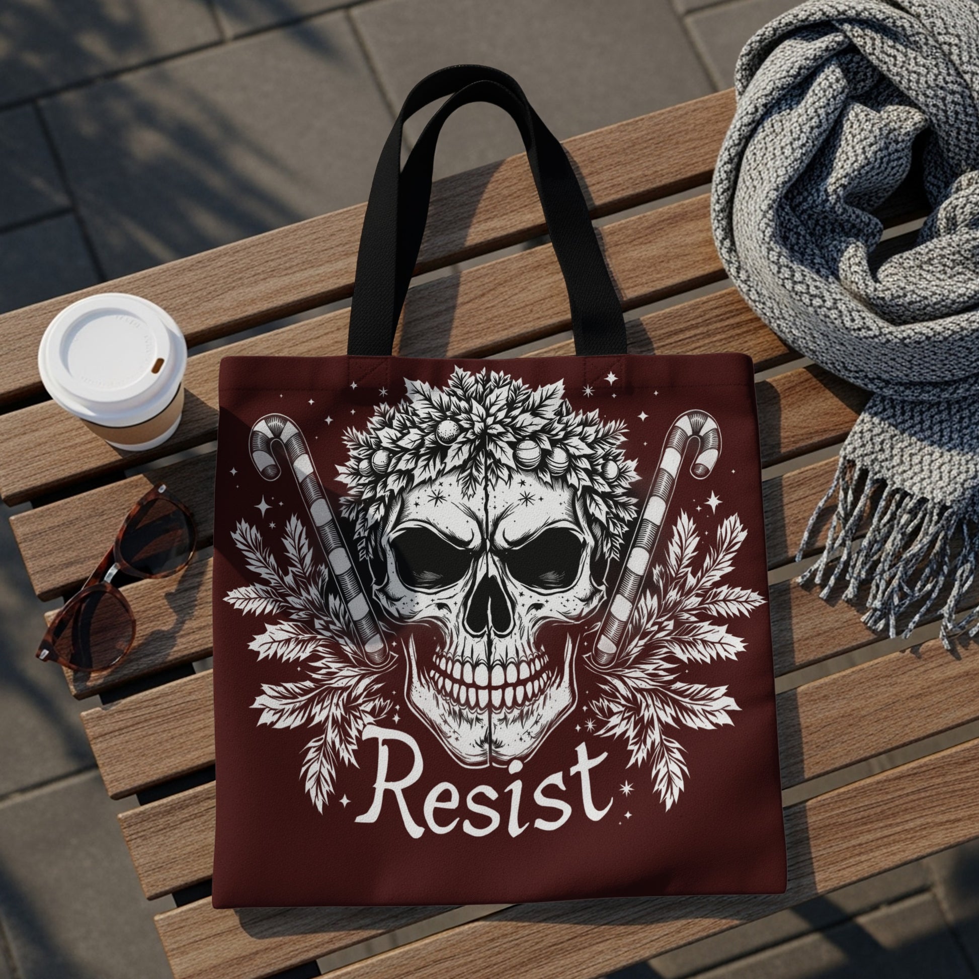 Resist Floral Skull with Candy Canes Design Tote Bag