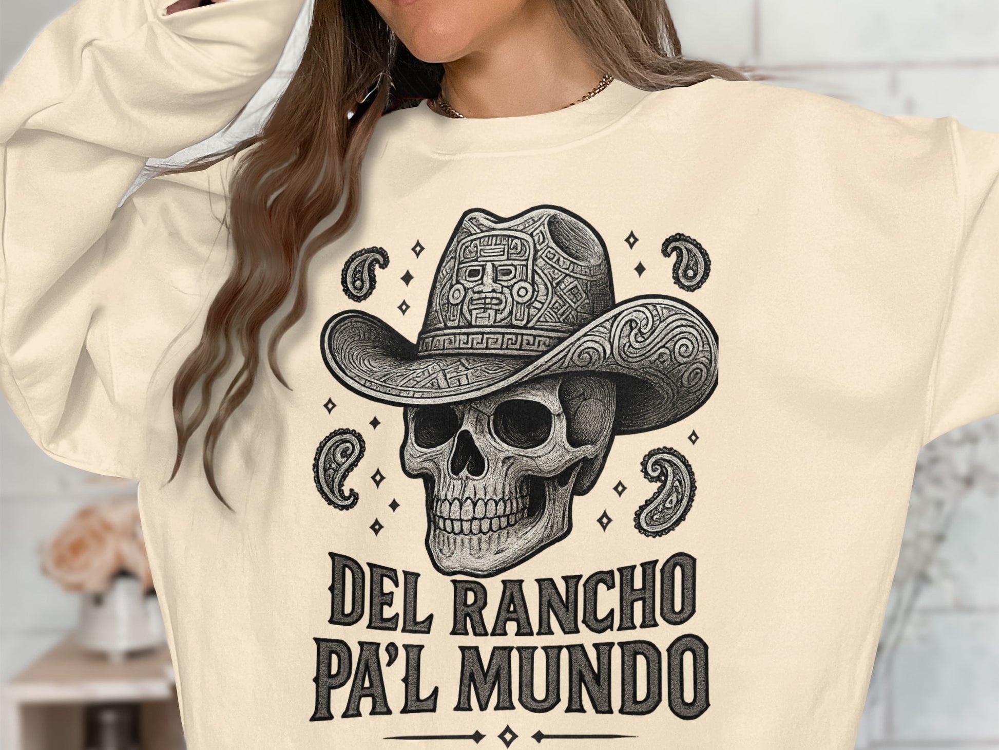 Del Rancho Pa'l Mundo Skull Cowboy Hat Graphic Sweatshirt