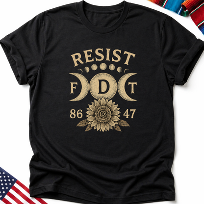 Black t-shirt with "FDT 86 47" and a sunflower with moon phases design.