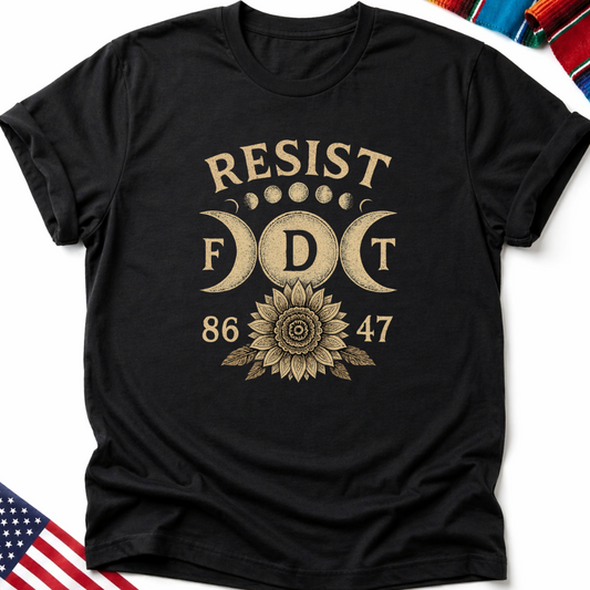 Black t-shirt with "FDT 86 47" and a sunflower with moon phases design.