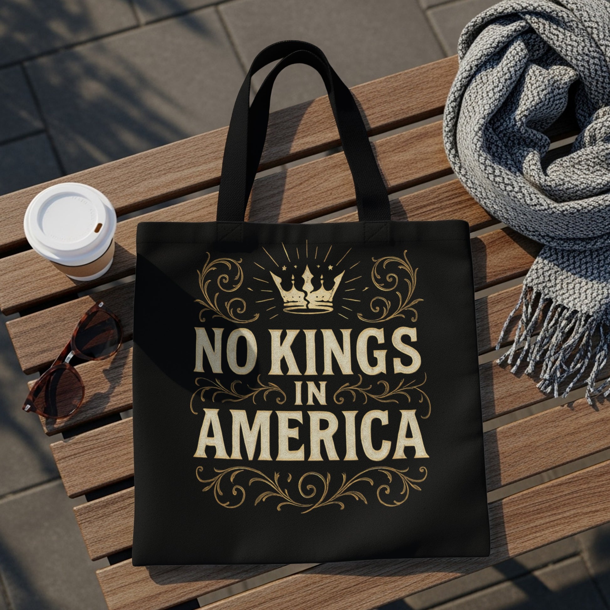 Black tote bag with gold "No Kings in America" text and crown graphic.