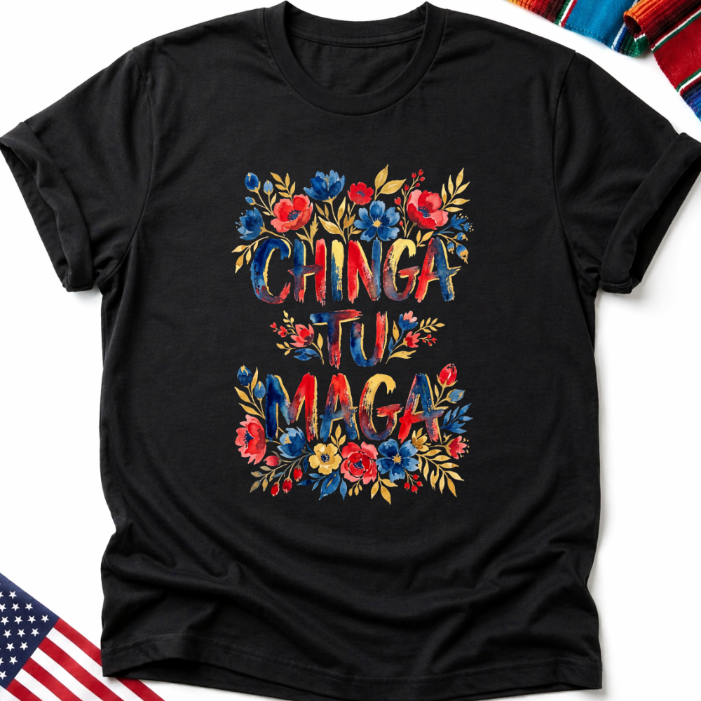 Black t-shirt with "Chinga Tu MAGA" text surrounded by red and blue flowers.
