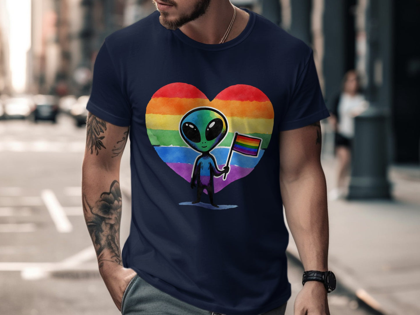 Rainbow Heart Alien Holding Flag Design T-Shirt product