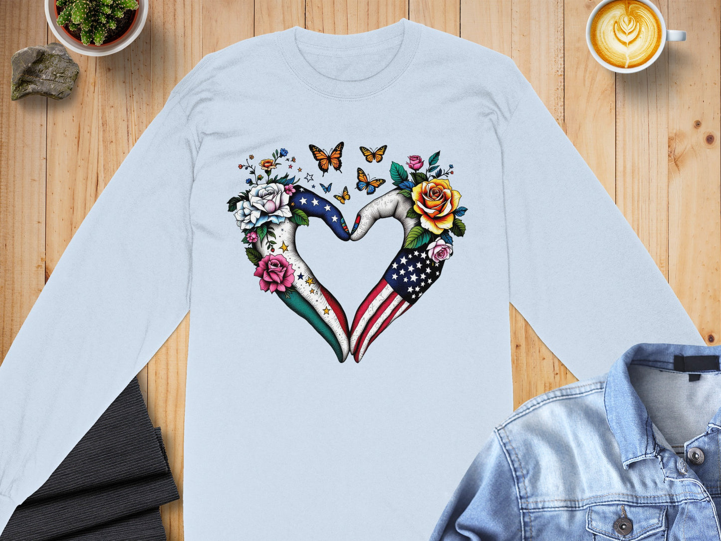 Heart Shaped Hands with Butterflies and Roses Shirt