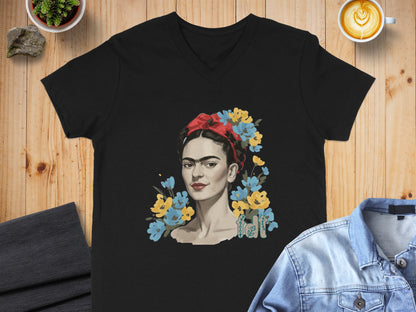 Iconic Floral Portrait Black V-Neck T-Shirt