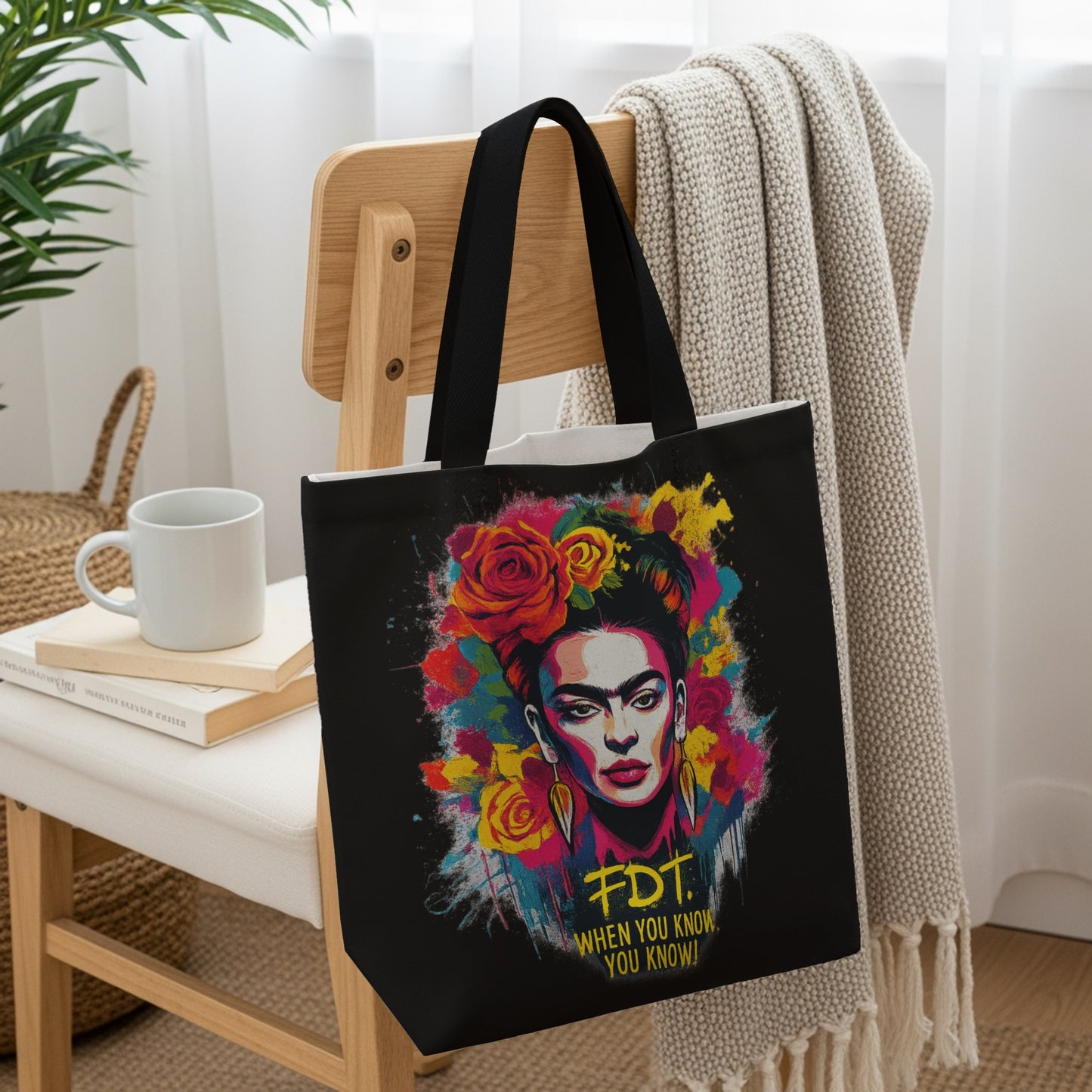Tote bag with Frida Kahlo portrait and floral accents.