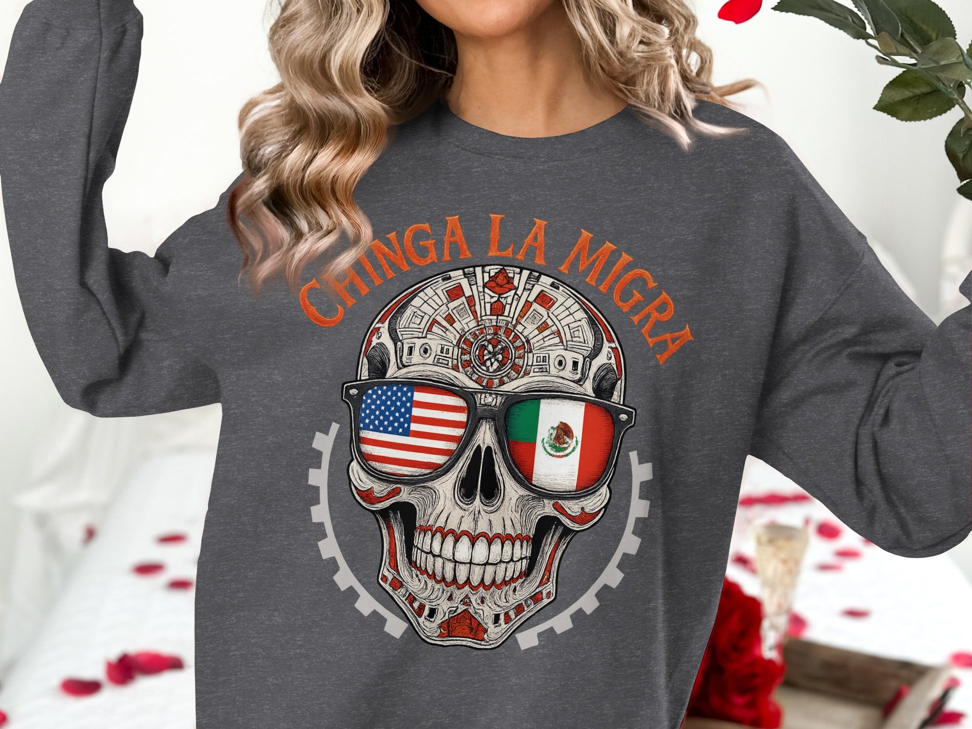 Chinga La Migra Skull Graphic Long Sleeve Shirt