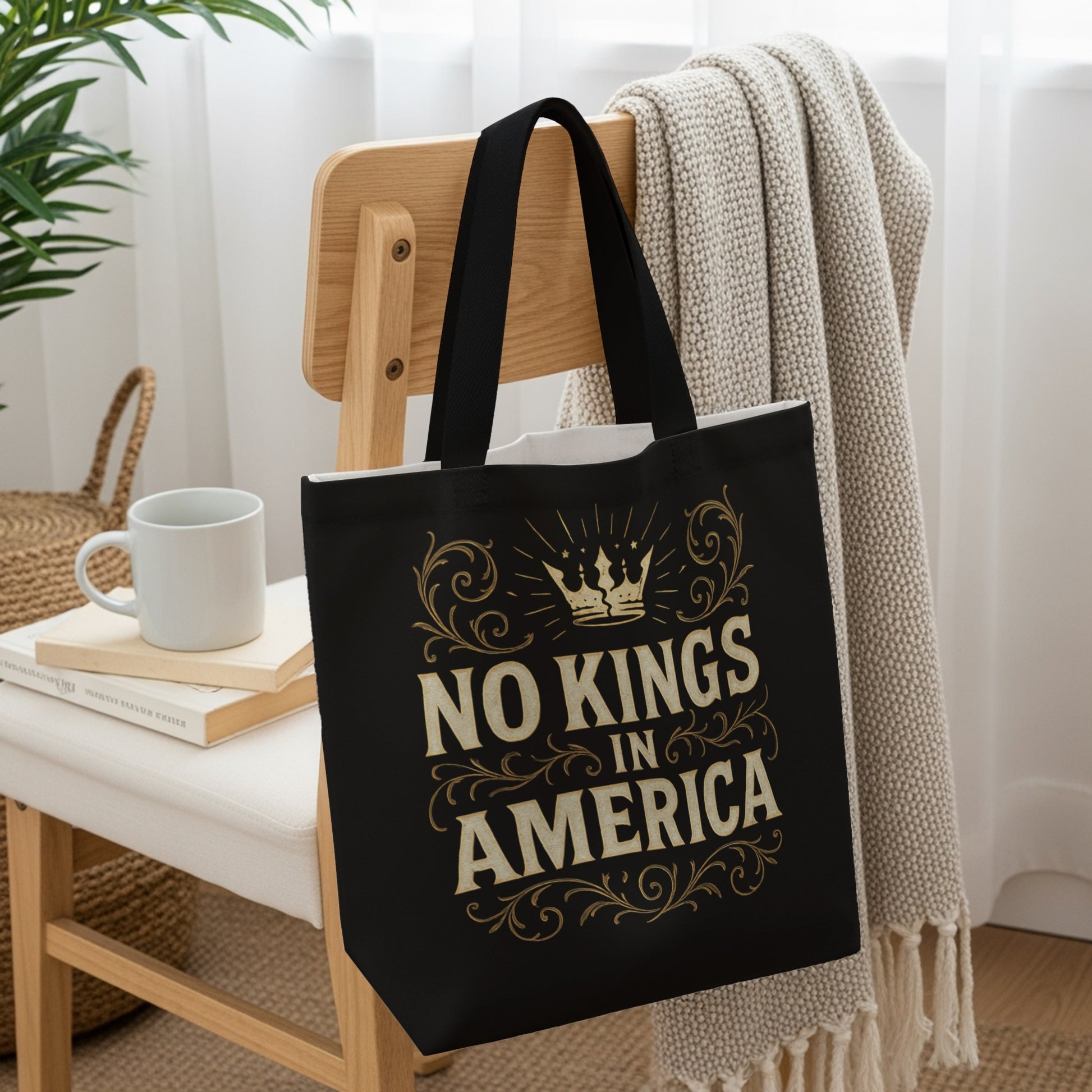 Black tote bag with gold text "No Kings in America" on a chair.
