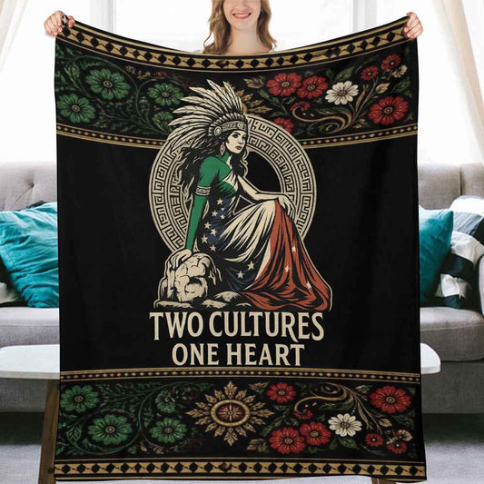 Two Cultures One Heart Proud Amexican Ultra-Soft Flannel Blanket Multiple Sizes