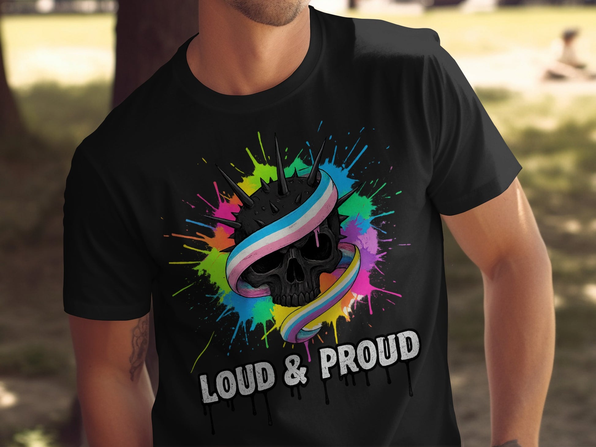 Loud & Proud Skull Design Tee Colorful Splash Shirt