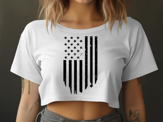 Distressed Black and White American Flag Crop Top product