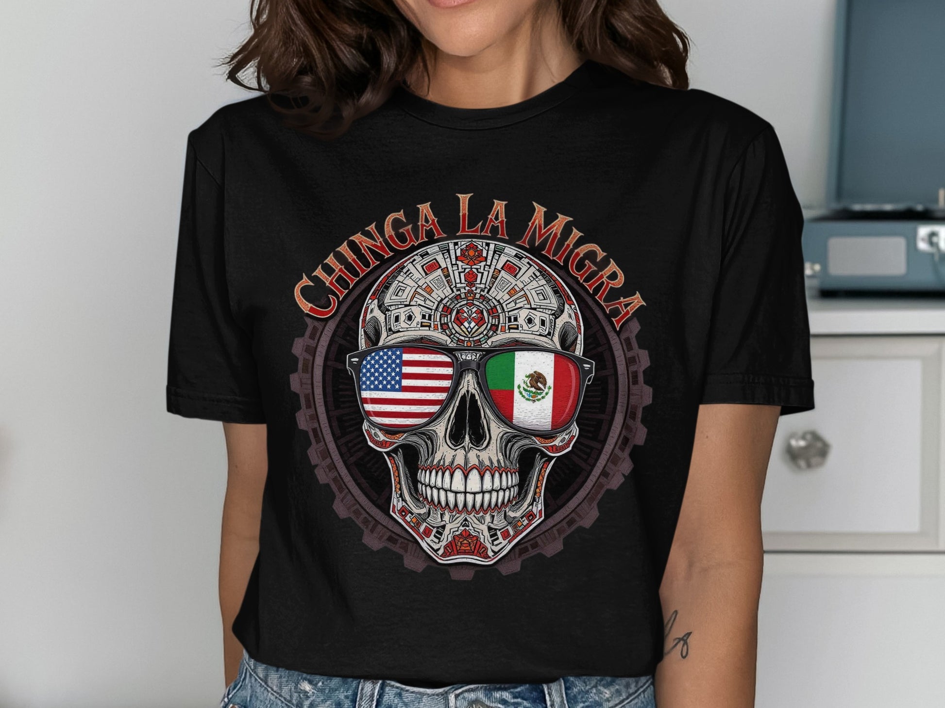 Chinga La Migra Skull with Flags Graphic Tee product type
