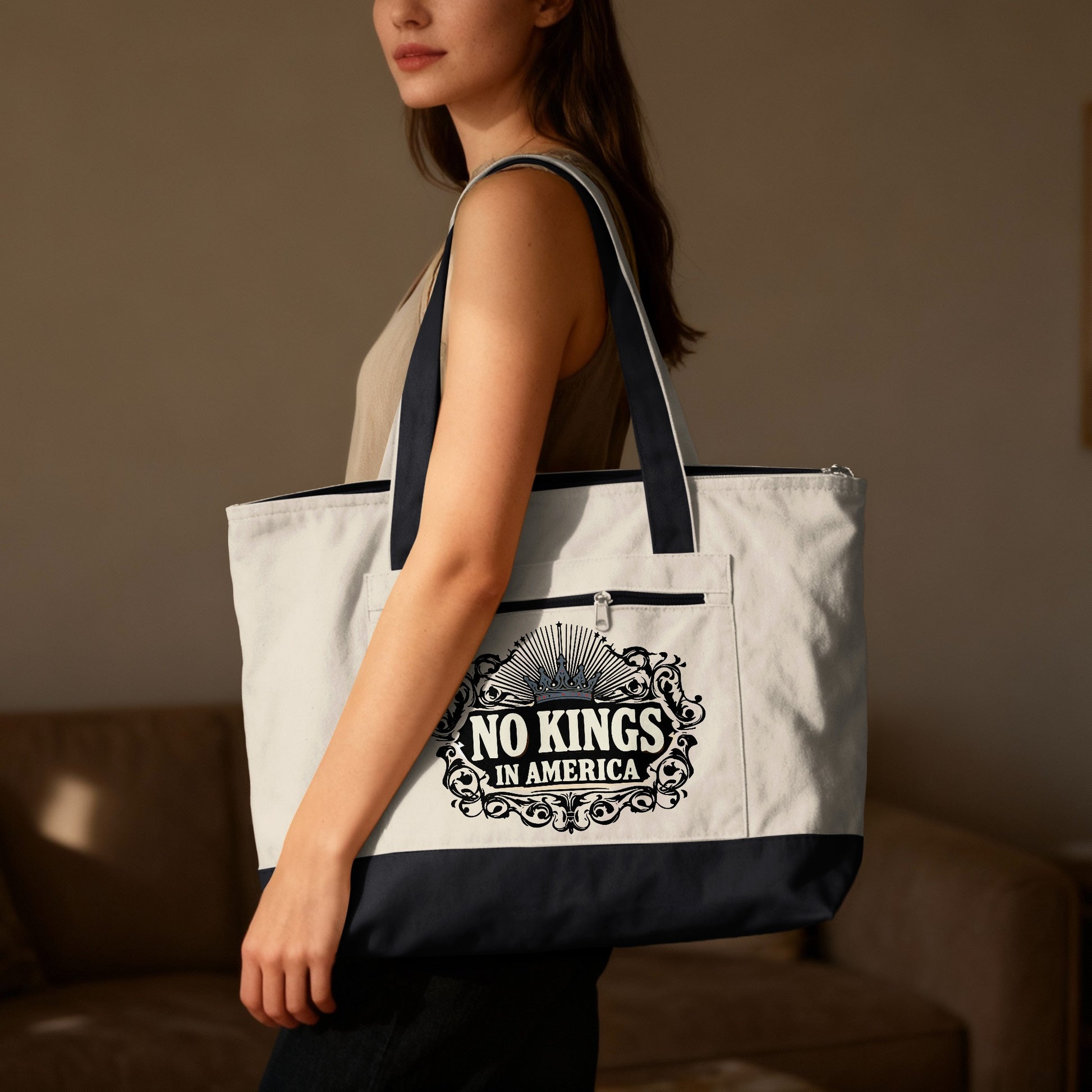 Tote bag with "No Kings in America" text and crown graphic.