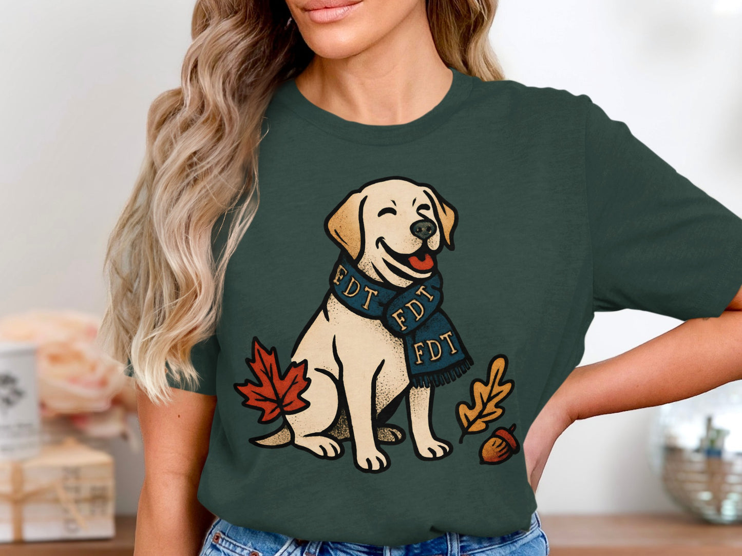 Cute Smiling Dog with Autumn Leaves Graphic Shirt