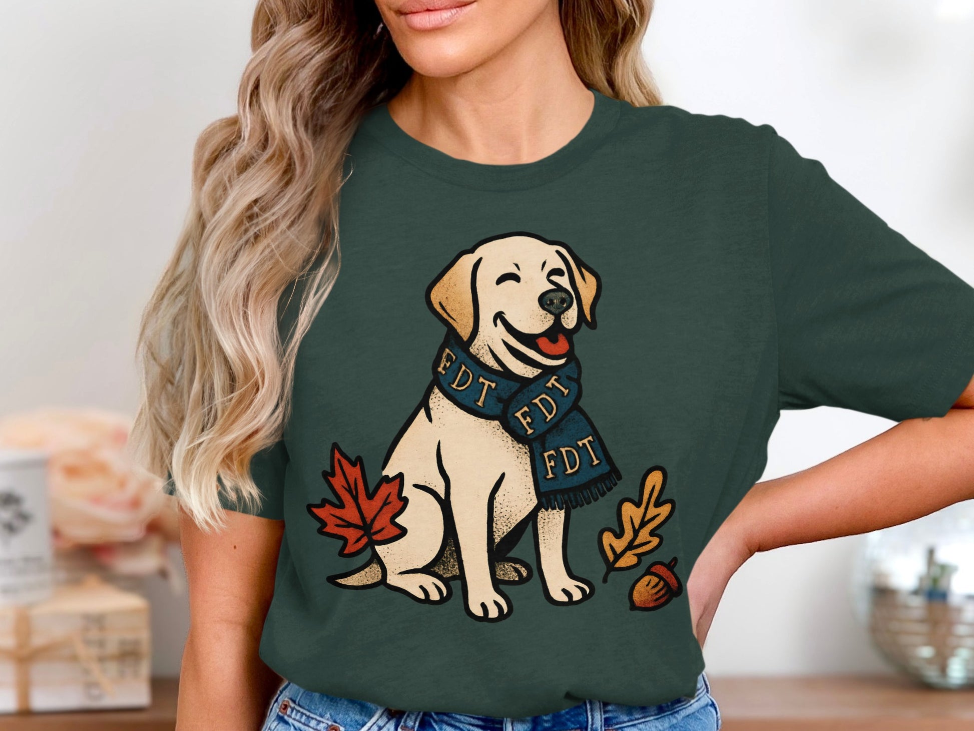 Cute Smiling Dog with Autumn Leaves Graphic Shirt