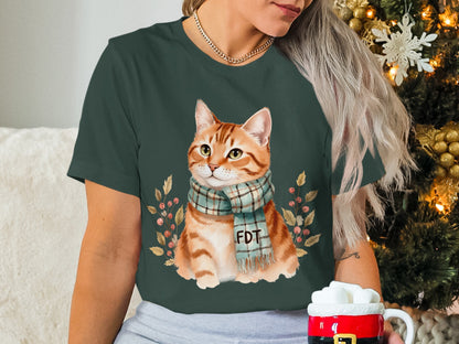 Festive Cat with Scarf Cozy Christmas T-Shirt