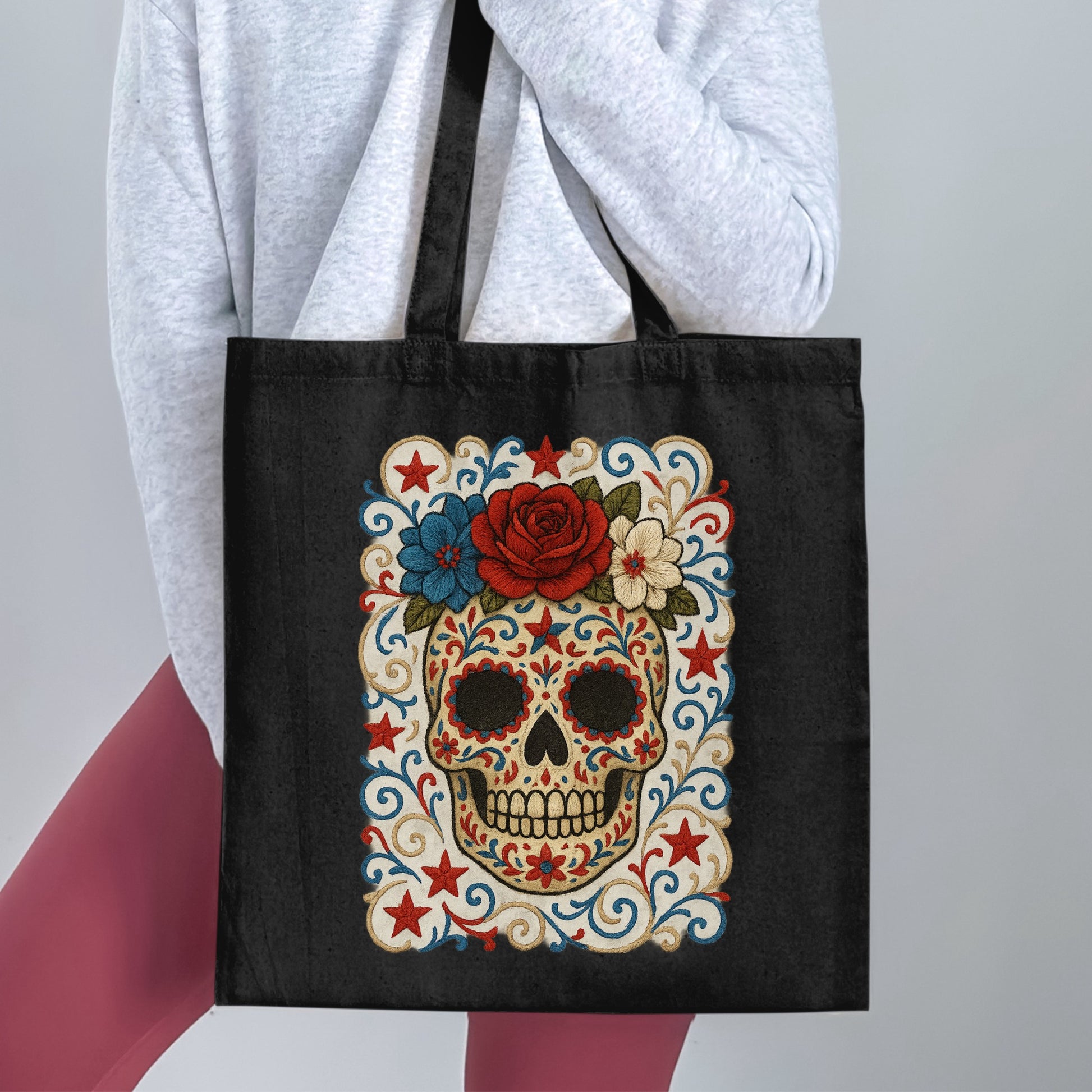 Sugar Skull Floral Print Black Tote Bag product type