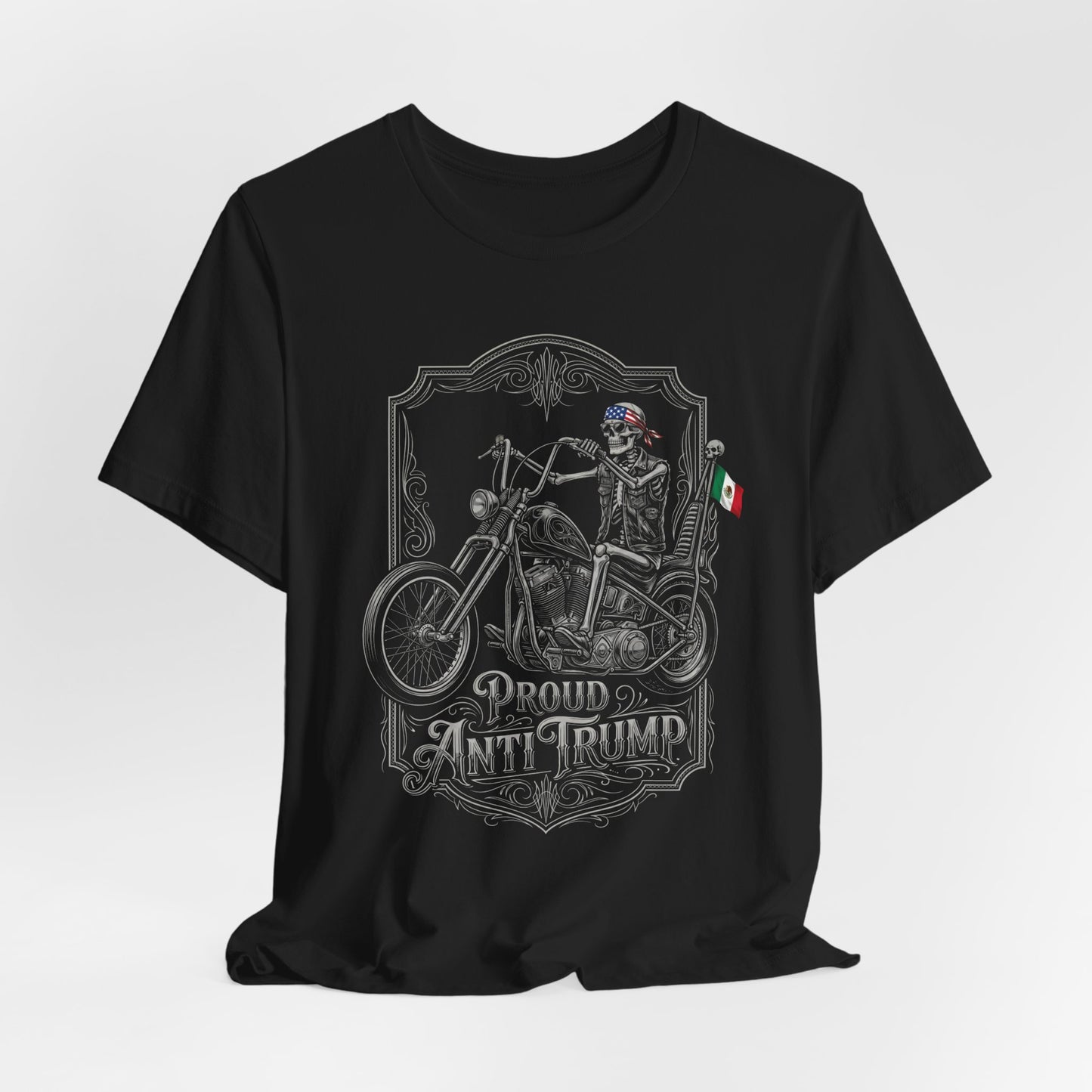 Skeleton rider on a motorcycle with "Proud Anti Trump" text and flags.