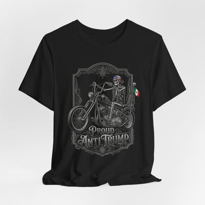 Skeleton rider on a motorcycle with "Proud Anti Trump" text and flags.