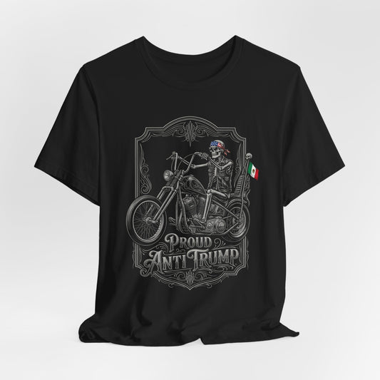 Skeleton rider on a motorcycle with "Proud Anti Trump" text and flags.