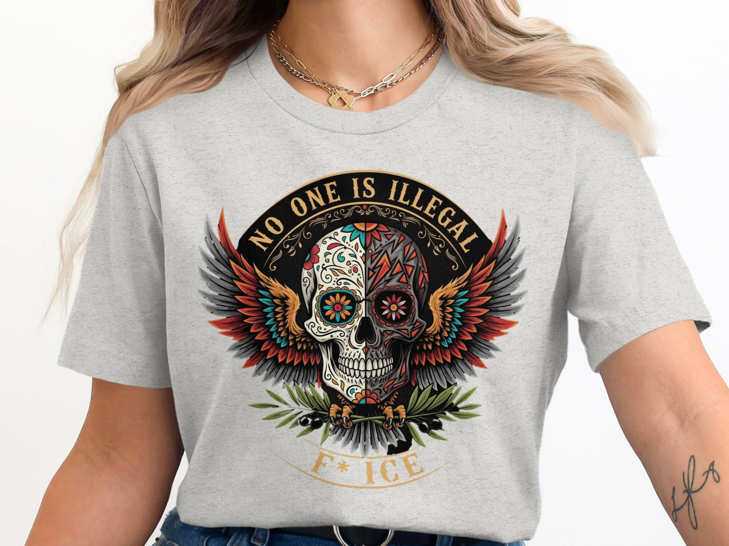 No One Is Illegal Skull Design Statement T-shirt product