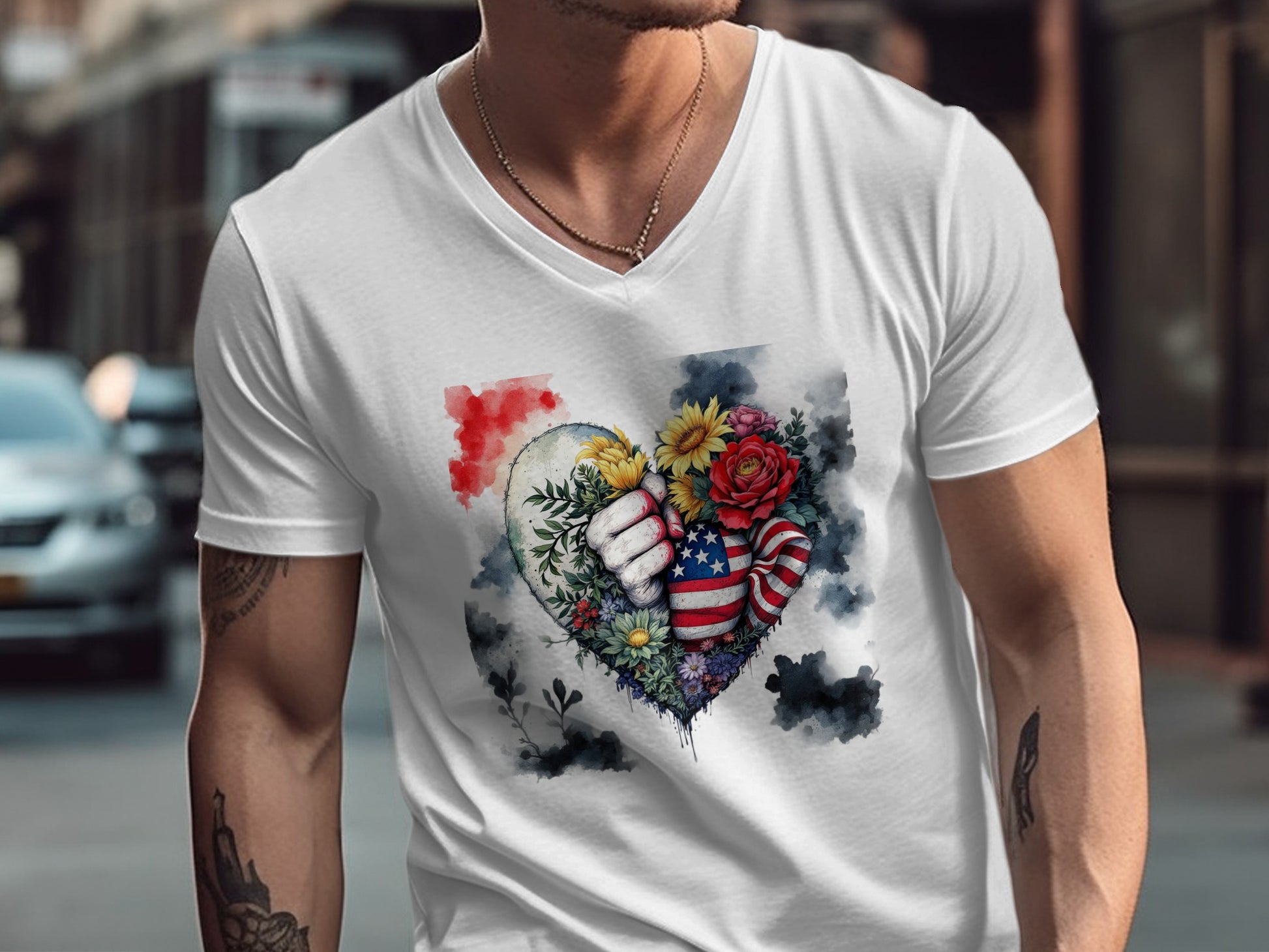 Patriotic Floral Heart Design Men's T-Shirt Product