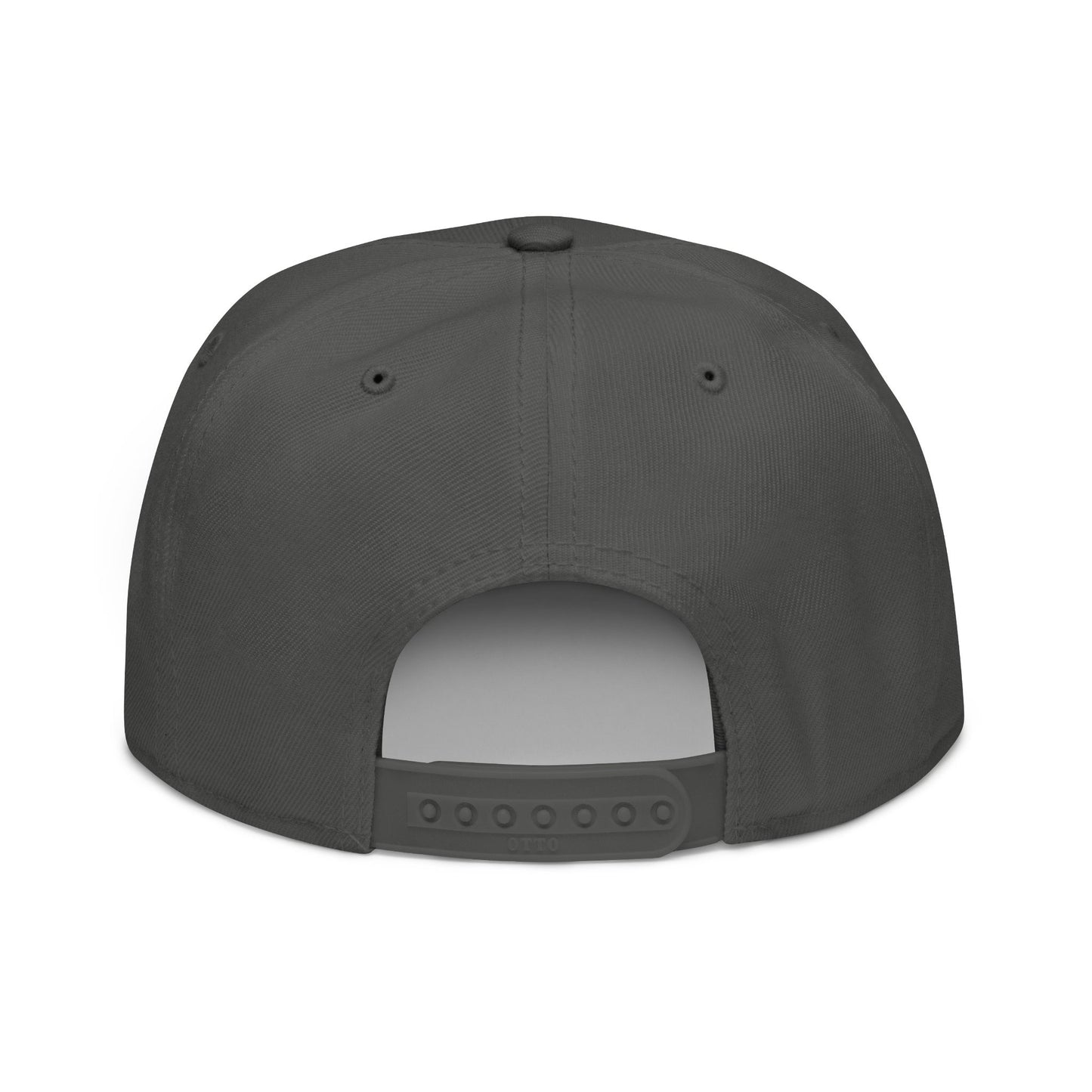 Dark grey snapback cap with adjustable strap on white background.