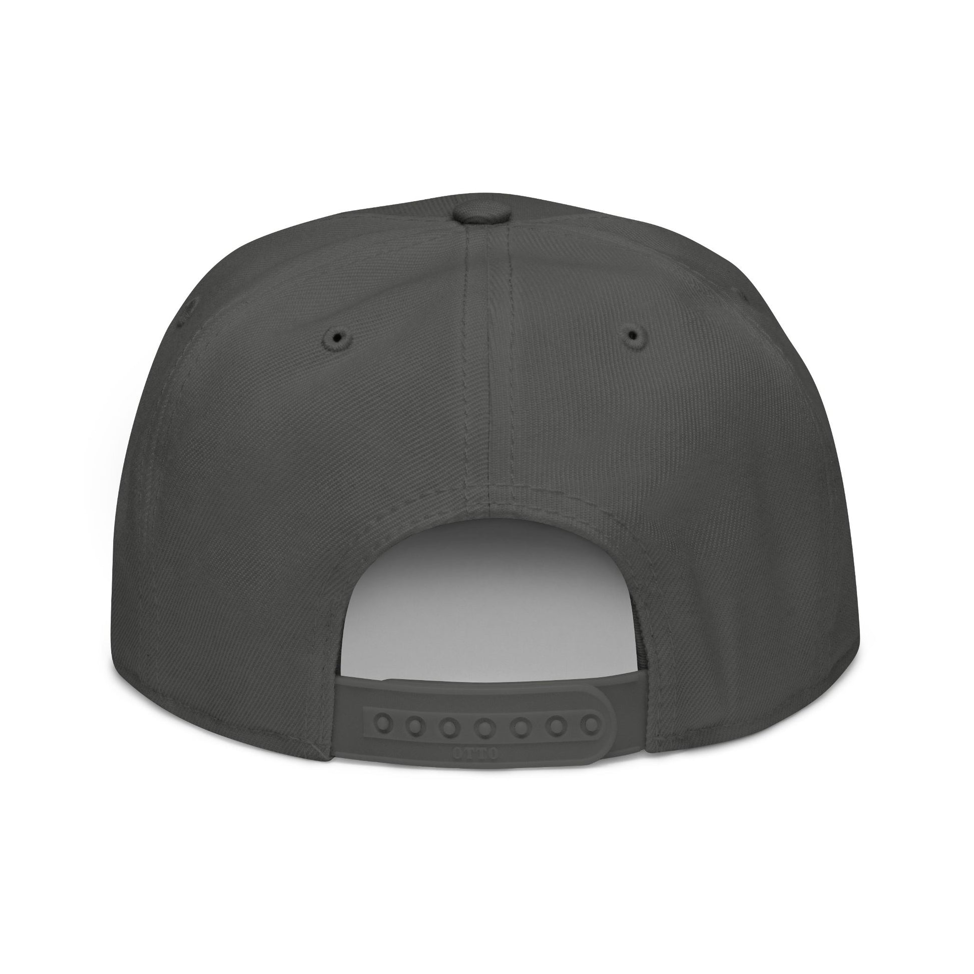 Dark grey snapback cap with adjustable strap on white background.