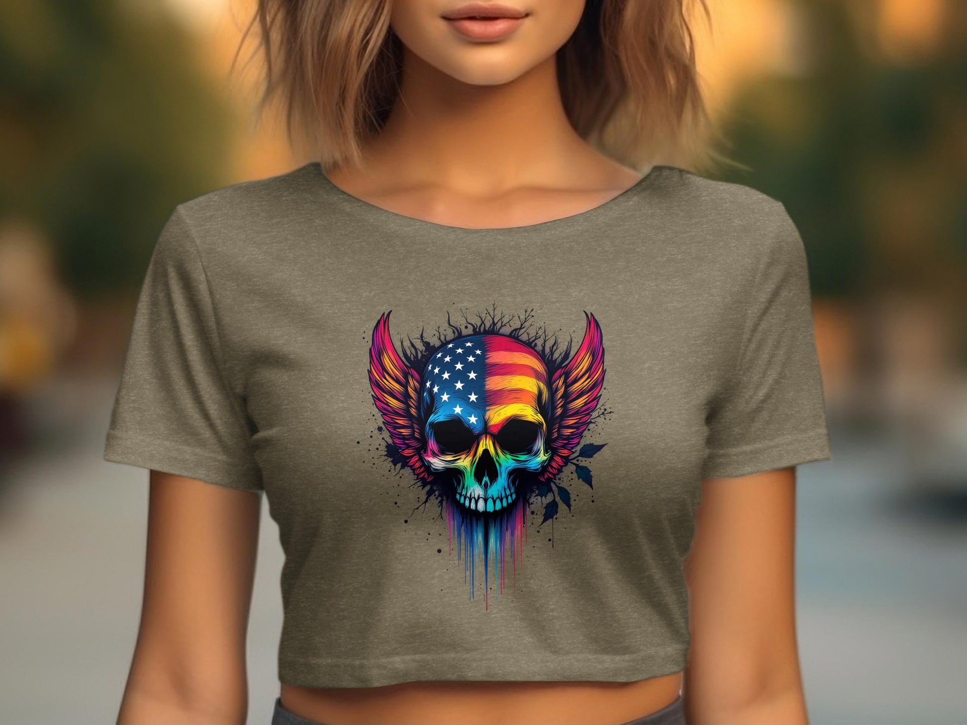Colorful Skull with USA Flag Wings graphic t-shirt product