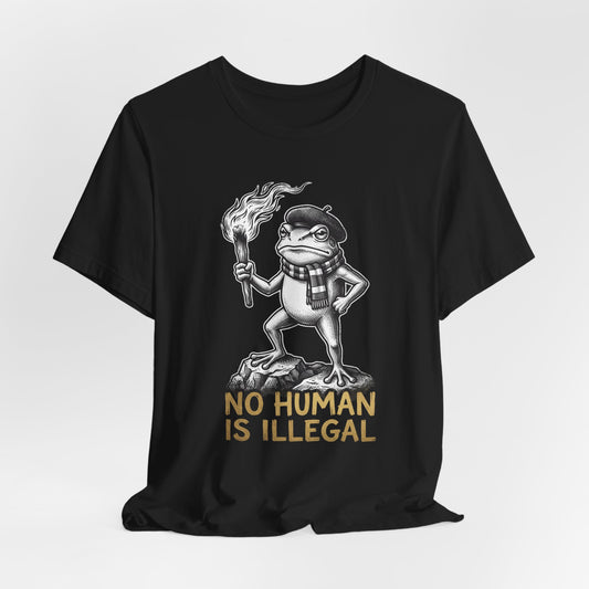 Frog wearing beret and scarf, holding a torch, with text "NO HUMAN IS ILLEGAL".