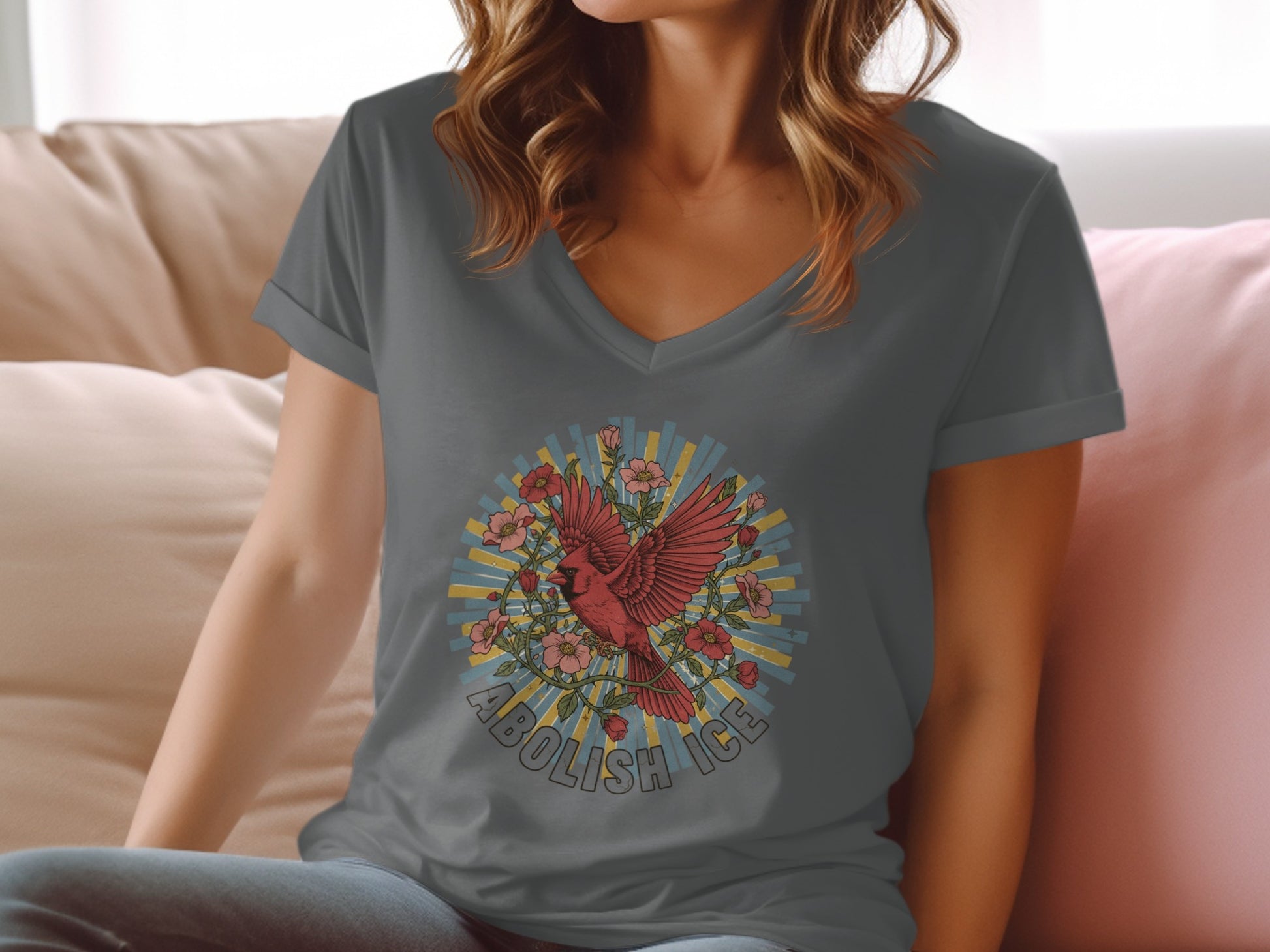 Abolish Ice V-Neck Graphic Tee with Bird Design product type