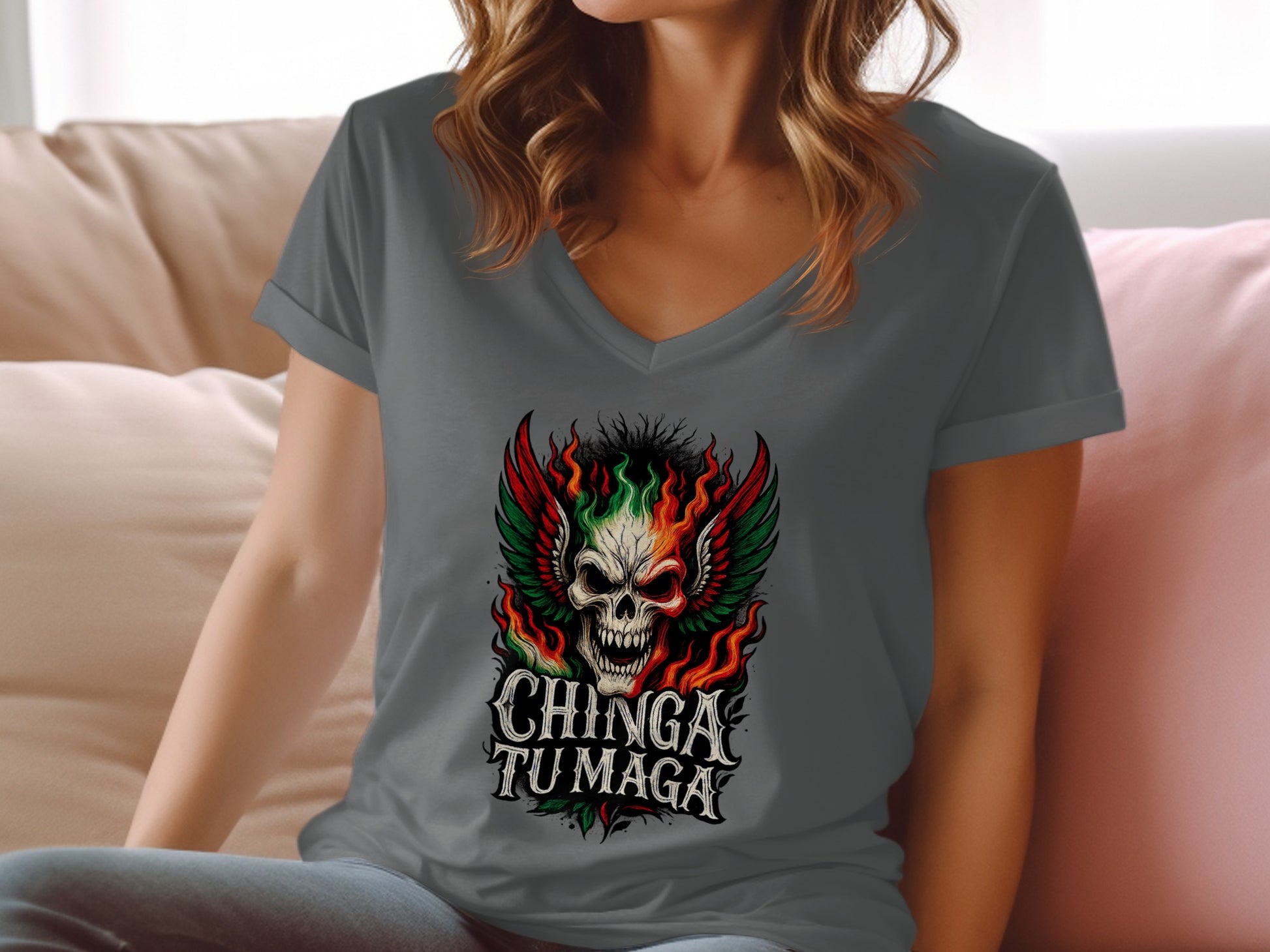 Chinga Tu Maga Skull Graphic V-Neck T-Shirt product type