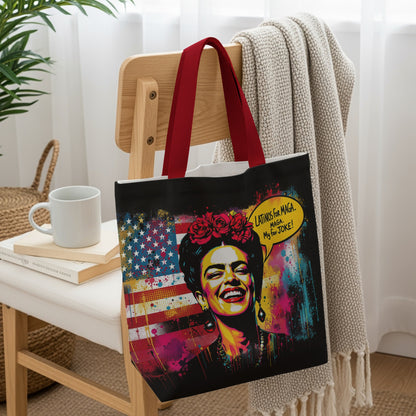 Frida Kahlo with US flag, text "Latinos for MAGA. My Fun Joke!".