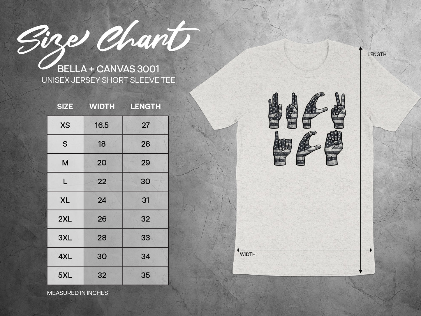 Bella + Canvas 3001 Unisex Short Sleeve Tee Size Chart
