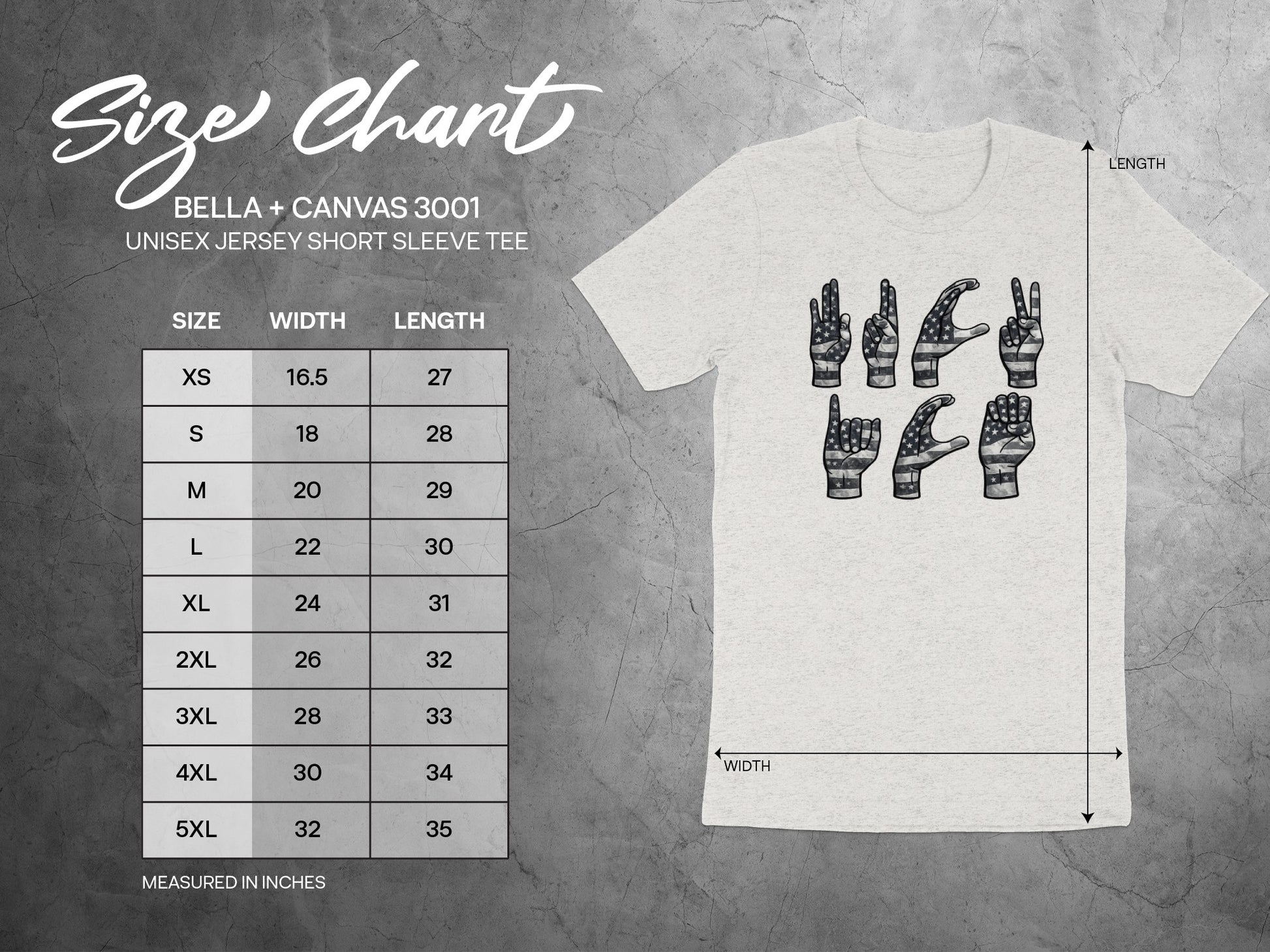 Bella + Canvas 3001 Unisex Short Sleeve Tee Size Chart