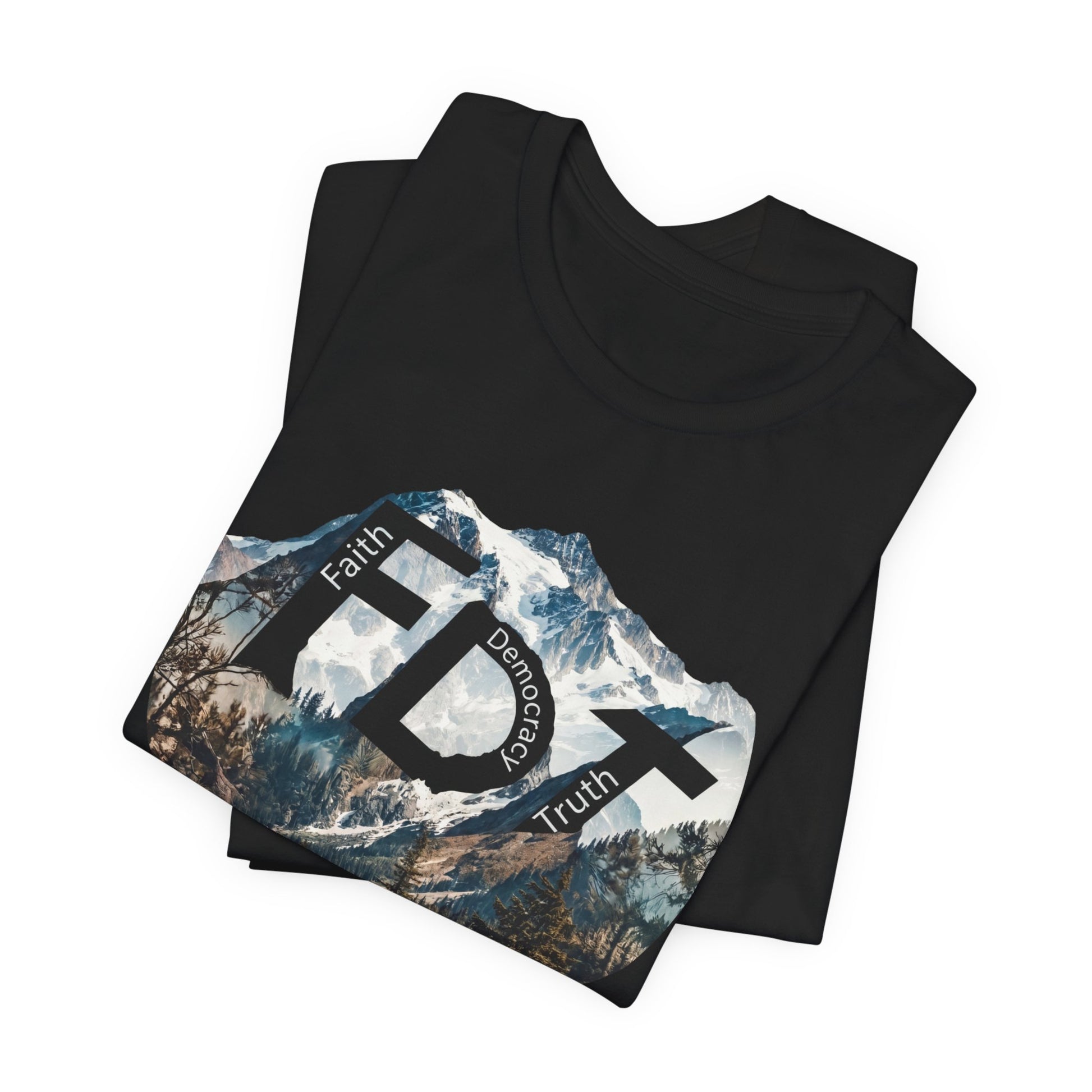 Black t-shirt with mountain graphic and text "Faith, Democracy, Truth."