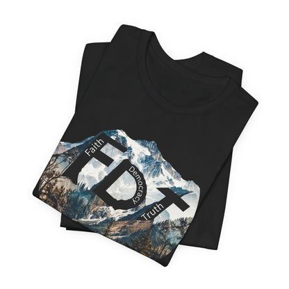 Black t-shirt with mountain graphic and text "Faith, Democracy, Truth."