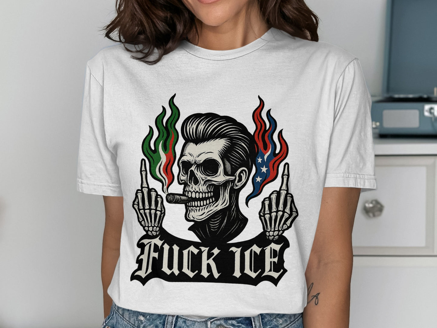 Edgy Skull Graphic with Flames Fuck ICE Shirt product type