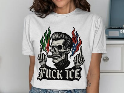 Edgy Skull Graphic with Flames Fuck ICE Shirt product type