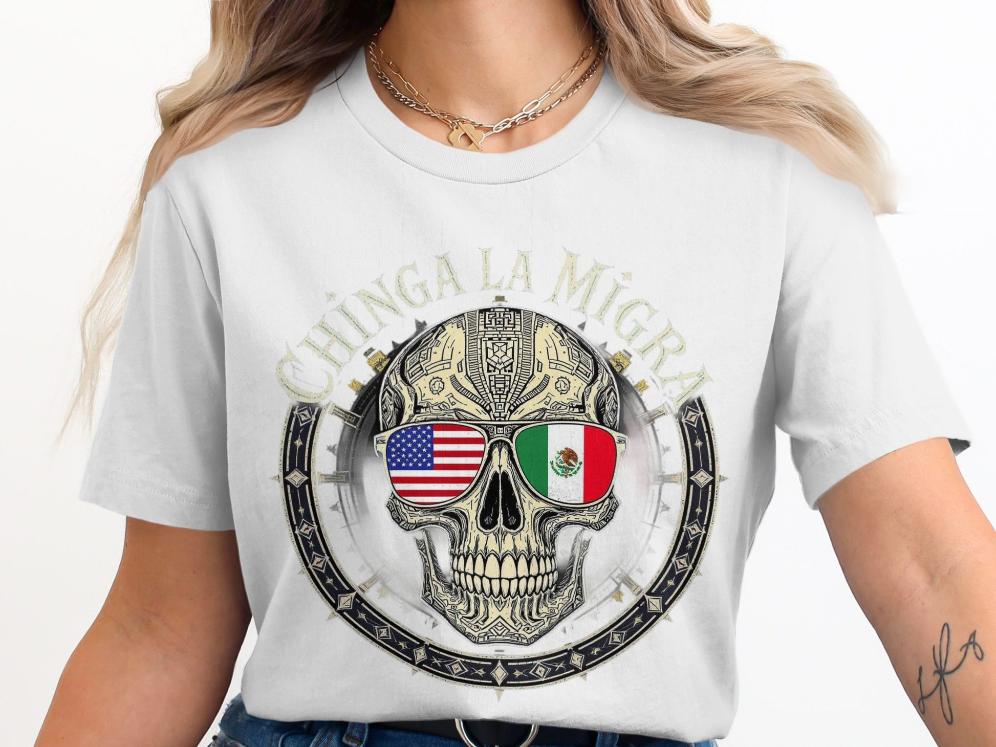 Chinga La Migra Skull Flag Design Graphic T-Shirt product type