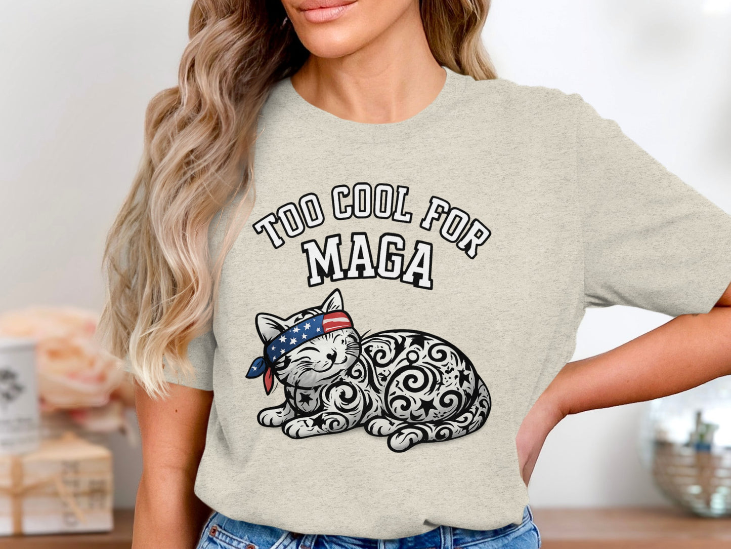 Too Cool For MAGA Cat Graphic T-Shirt Trendy Apparel Product