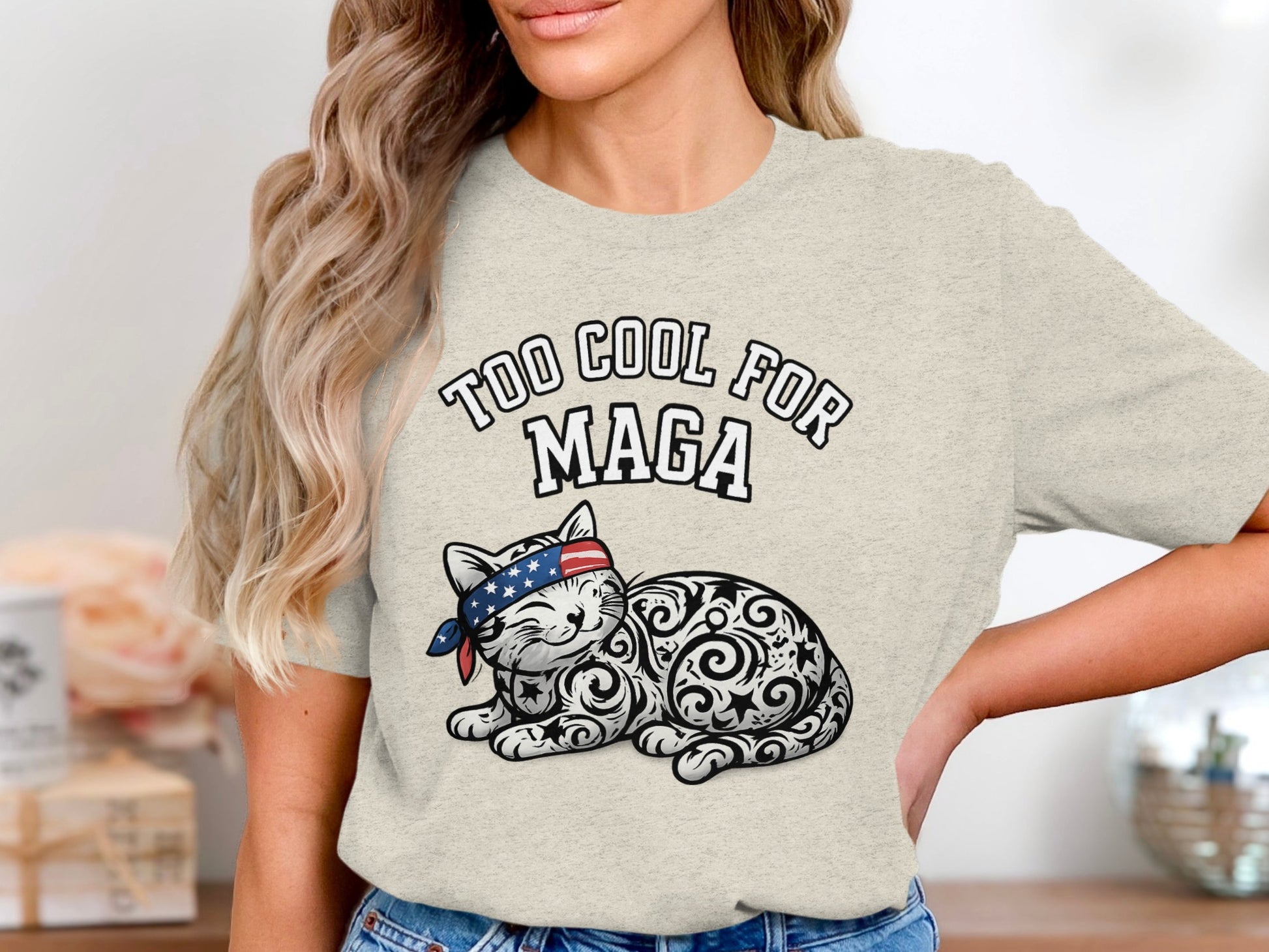 Too Cool For MAGA Cat Graphic T-Shirt Trendy Apparel Product