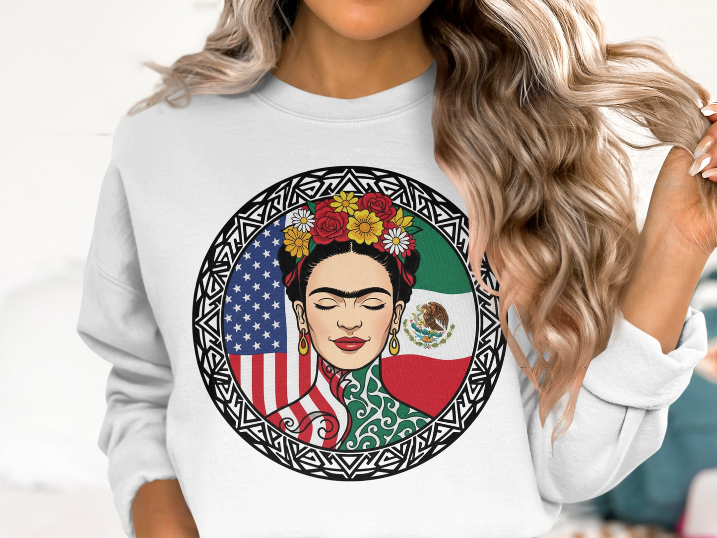 Frida Kahlo Graphic Sweatshirt with Flags Design