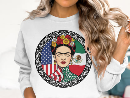 Frida Kahlo Graphic Sweatshirt with Flags Design