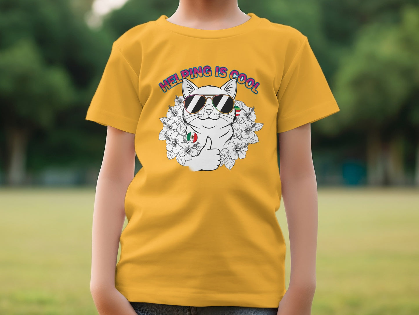 Helping Is Cool Graphic Cat T-Shirt for Kids
